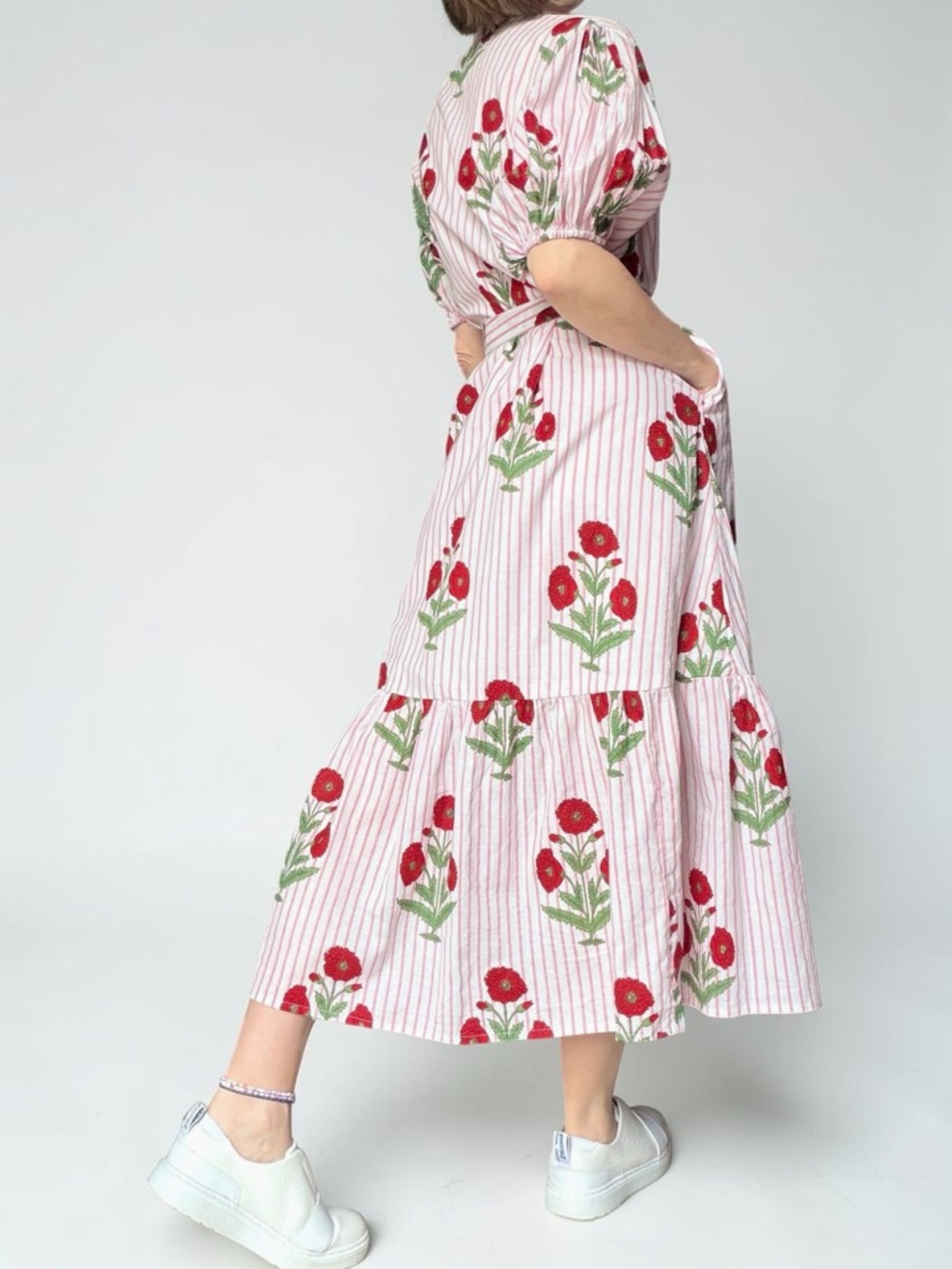 Fox & Hen Pink Floral-Striped Midi Shirt Dress Puff Sleeves Tie Waist Size XS - Picture 2 of 12